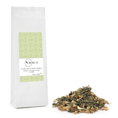 Novecento Tè® | Sencha Grüntee-Gewürze Orange | Grüne Sencha-Zimt-Orangenblätter - 90 Gr | Würziger Grüntee-Sencha, rosa Pfeffer, Apfel-Zimt-Beutel von NOVECENTO TE'