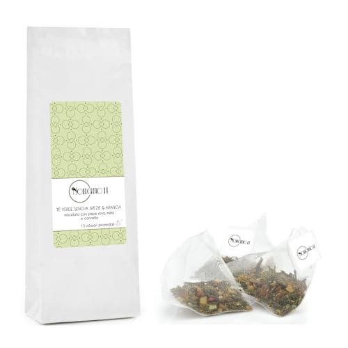 Novecento Tè® | Sencha Grüntee-Gewürze Orange | Grüner Tee Sencha Zimt Orange – 15 Pyramiden-Teesiebe | Mit Sencha gewürzter grüner Tee, rosa Pfeffer, Apfel und Zimt von NOVECENTO TE'