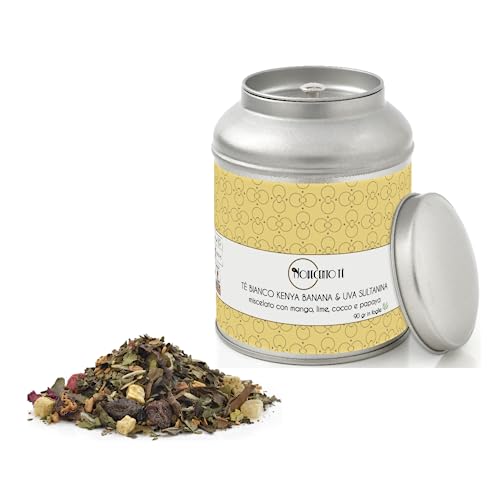 Novecento Tè® | Weißer Tee Kenia Banane Sultana Weinblätter - 90 Gr | Weißer Tee Mango, Limette, Kokosnuss, Papaya | Weiße Teemischung mit Fruchtstücken in loser Metalldose von NOVECENTO TE'