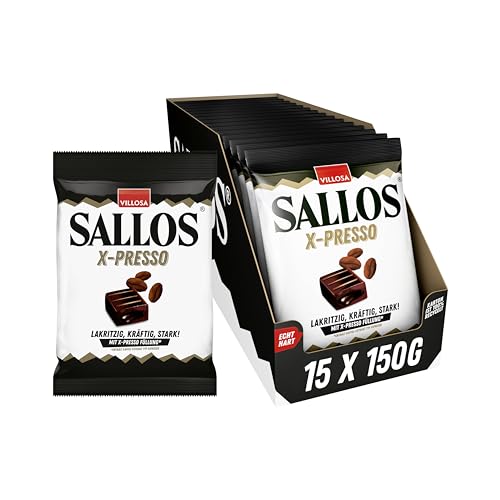 SALLOS X-presso Vorrats-Pack – Lakritz-Bonbons mit Kaffee-Extrakt, aus natürlichem Süßholzsaft, Lakritz-Kombination mit Espresso-Geschmack, vegan, im Vorrats-Pack, 15 x 135 g von SALLOS