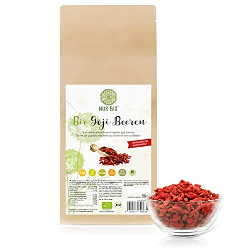 NUR BIO® Goji Beeren BIO 1 kg - ungeschwefelt, naturbelassen, sonnengetrocknet, höchste Rohkostqualität, Bio zertifiziert von NUR BIO