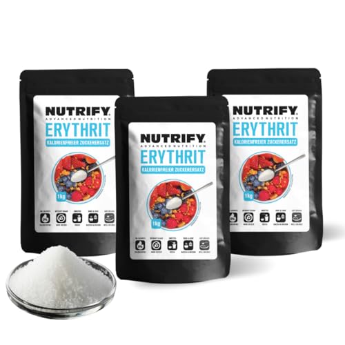 NUTRIFY Erythrit 3x 1kg kalorienfreier Zucker - 100% vegan Zuckeralternative Erythritol low-carb light Zuckerersatz - Alternative zum Kochen & Backen, 3000g von NUTRIFY