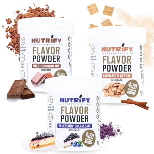 NUTRIFY Flavour Powder 3x150g, Geschmackspulver Bundle Set 3 - Blueberry Cheesecake, Cinnamon Cereal & Milchschokolade - Ideal zum Süßen, Backen & Verfeinern von Speisen und Getränken- Kalorienarm von NUTRIFY