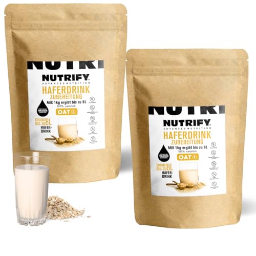 NUTRIFY Haferdrink-Pulver glutenfrei 2 x 1000 g, Hafergetränk zum selber Mixen, Ergibt bis zu 16 Liter, 85% weniger Verpackungsmüll, Ohne Zuckerzusatz, Vegan, Natürlich, 2er Pack von NUTRIFY