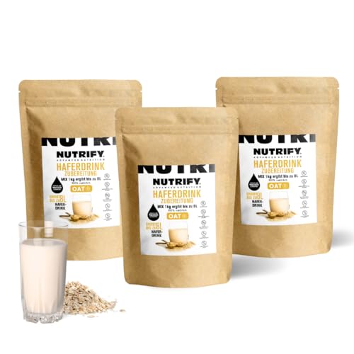 NUTRIFY Haferdrink-Pulver glutenfrei 3 x 1000 g, Hafergetränk zum selber Mixen, Ergibt bis zu 24 Liter, 85% weniger Verpackungsmüll, Ohne Zuckerzusatz, Vegan, Natürlich, 3er Pack von NUTRIFY