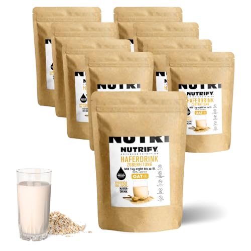 NUTRIFY Haferdrink-Pulver glutenfrei 8 x 1000 g, Hafergetränk zum selber Mixen, Ergibt bis zu 64 Liter, 85% weniger Verpackungsmüll, Ohne Zuckerzusatz, Vegan, Natürlich, 8er Pack von NUTRIFY