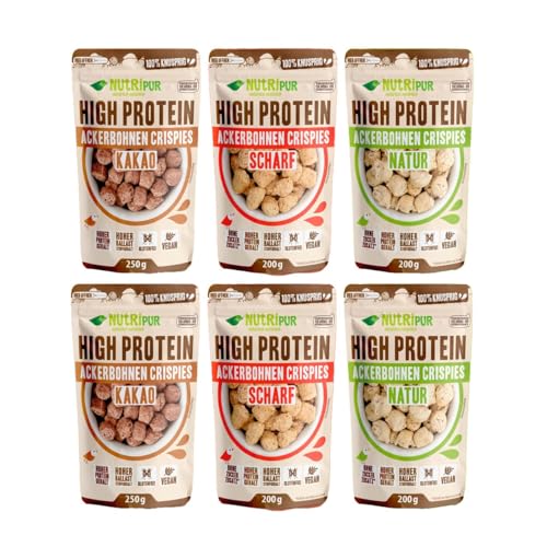 High Protein Ackerbohnen Crispies: 2x 120g Ackerbohnen Kakao - 2x 100g Ackerbohnen scharf - 2x 100g Ackerbohnen natur - High Protein Snack - Ideal als Protein Topping - vegan - glutenfrei von NUTRIPUR