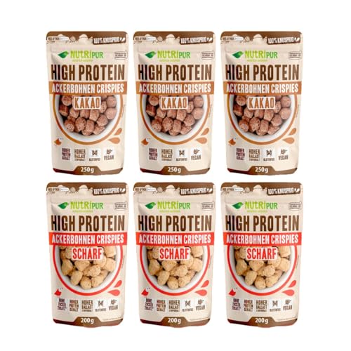 Ackerbohnen Crispies: 3x 120g Ackerbohnen Kakao - 3x 100g Ackerbohnen scharf - High Protein Snack - Ideal als Protein Topping - vegan - glutenfrei - Geschenkset von NutriPur von NUTRIPUR