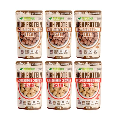 High Protein Ackerbohnen Crispies: 3x 120g Ackerbohnen Kakao - 3x 100g Ackerbohnen scharf - High Protein Snack - Ideal als Protein Topping - vegan - glutenfrei - Geschenkset von NutriPur von NUTRIPUR