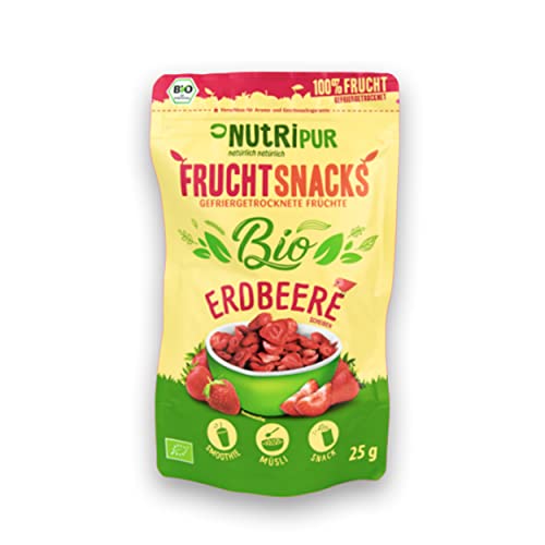 Gefriergetrocknete Erdbeere BIO: 70g getrocknete Erdbeeren für Smoothie Bowl, Müsli, Porridge Topping – Gefriergetrocknete Beeren ohne Zucker Zusatz – Erdbeeren gefriergetrocknet – Obst NutriPur von NUTRIPUR