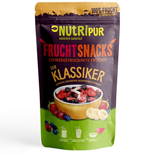 FruchtSnacks „Der Klassiker“ Früchte-Mix gefriergetrocknet 100g I Getrocknete Beeren und Früchte ungezuckert I Mischung aus Erdbeeren, Heidelbeeren, Sauerkirschen und Bananen I 100% Frucht von NUTRIPUR