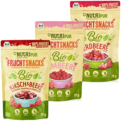 Getrocknete Früchte BIO: 3x70g Gefriergetrocknete Erdbeeren – Getrocknete Himbeeren – Kirschen Gefriergetrocknet – Trockenobst Mischung von NutriPur von NUTRIPUR