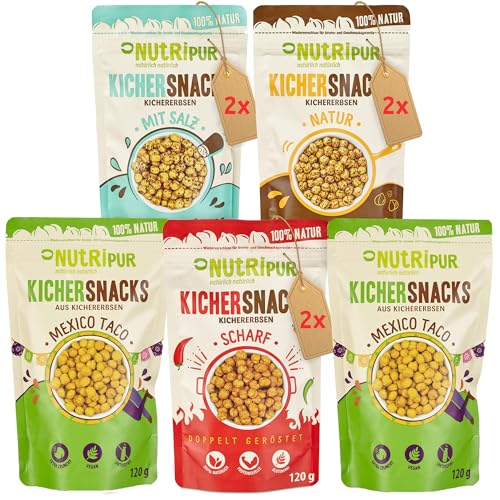 Kichererbsen Snacks: 8x120g Kicher Erbsen Snack aus köstlich gewürztem Kichererbsen Mehl – 5 Sorten Kichersnacks – Salzige Snacks Vegan von NutriPur von NUTRIPUR