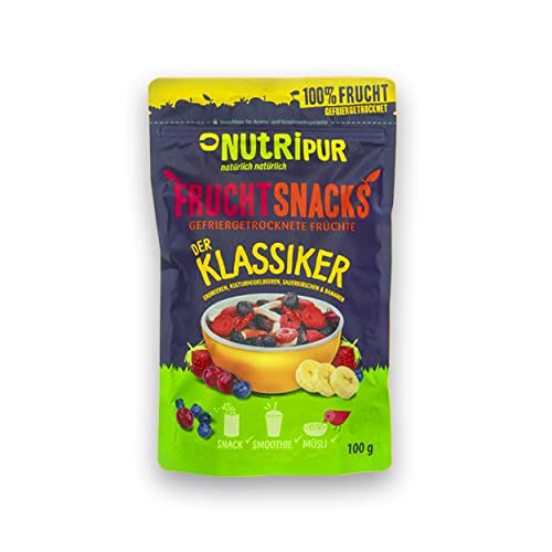 NUTRIPUR „Der Klassiker“ Früchte-Mix gefriergetrocknet 25g I Getrocknetes Beeren und Früchte ungezuckert I Mischung aus Erdbeeren, Heidelbeeren, Sauerkirschen und Bananen I 100% Frucht von NUTRIPUR