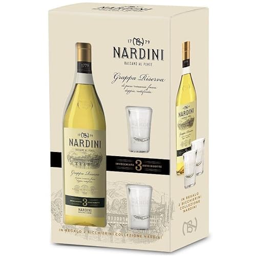 NARDINI AQUAVITA DI PURA VINACCIA DOPPIA RETTIFICA RISERVA BASSANO 70 CL 50% CONFEZIONE CON DUE BICCHIERI von Nardini