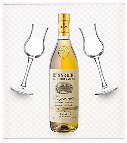 NARDINI AQUAVITE DI PURA VINACCIA DOPPIA RETTIFICA RISERVA BASSANO 70 CL 50% CONFEZIONE REGALO CON DUE BICCHIERI von Nardini