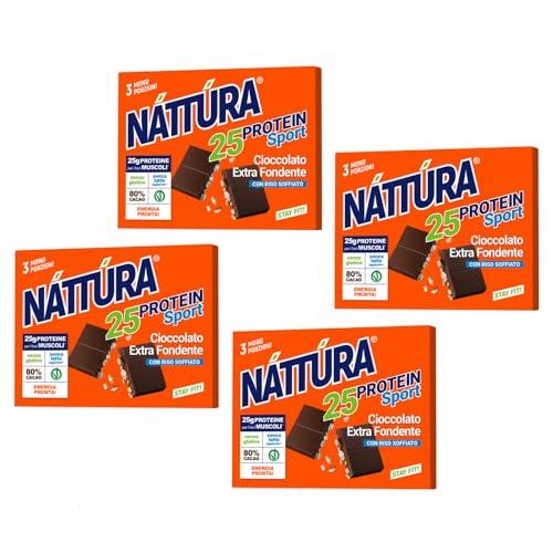 Nattura® | Dunkle Proteinschokolade mit Puffreis | Proteinriegel Schoko-Puffreis – 4 x 3 Einzelportionsriegel (insgesamt 4 x 60 g) von Náttúra