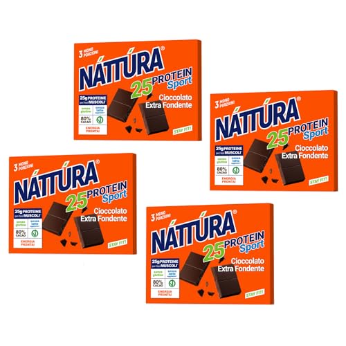 Nattura® | Protein-Zartbitterschokolade | Proteinriegel Schokolade 80 % Kakao, glutenfrei – 4 x 3 Einzelportionsriegel (insgesamt 4 x 60 g) von Náttúra