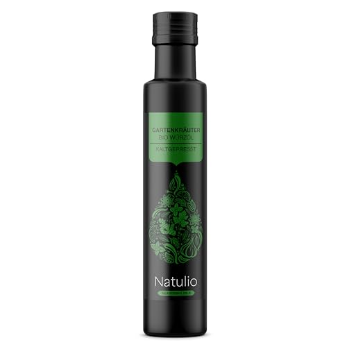 Natulio Bio Gartenkräuter Würzöl - perfekt zum Verfeinern von Salaten, Gemüse, Dips oder Quark - Basisöl: kaltgepresstes Bio Hanf- & Leindotteröl 100ml - DE-ÖKO-006 zertifiziert von Natulio