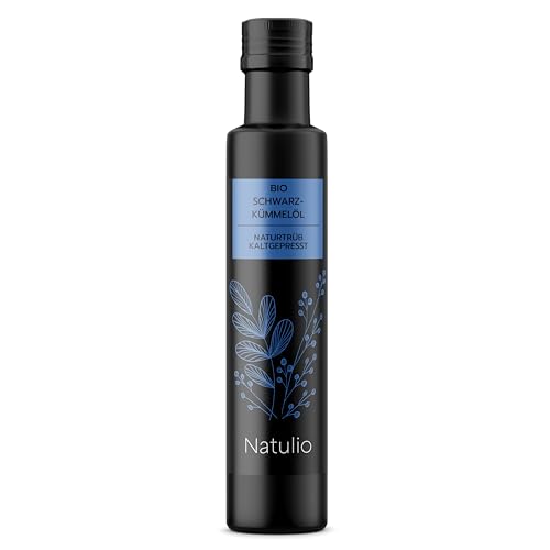 Natulio Bio Schwarzkümmelöl kaltgepresst, ungefiltert und naturrein 250ml - reich an Thymochinon - 100% ägyptische Nigella sativa - sehr intensiver Geschmack - DE-ÖKO-006 zertifiziert von Natulio