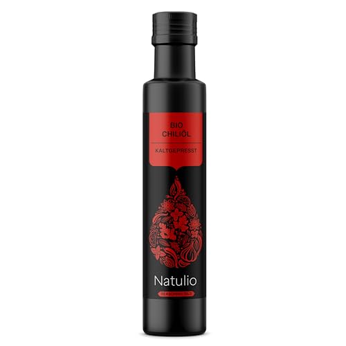 Natulio Bio Chiliöl scharf 250ml - ideal für die gewisse Schärfe auf Pizza, Pasta, Chili, Dips, Marinaden uvm - mit feuriger Schärfe und ausgeprägten Aromen - DE-ÖKO-006 zertifiziert von Natulio