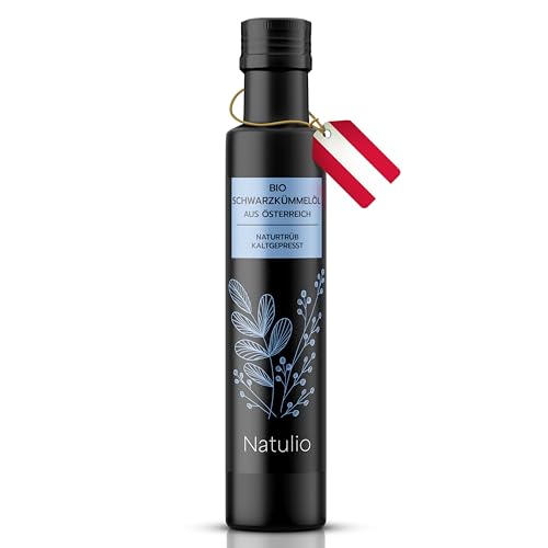 Natulio österreichisches Bio Schwarzkümmelöl kaltgepresst, ungefiltert und naturrein 250ml - sehr reich an Thymochinon, derzeit 2172mg/100g - sehr intensiver Geschmack - DE-ÖKO-006 zertifiziert von Natulio