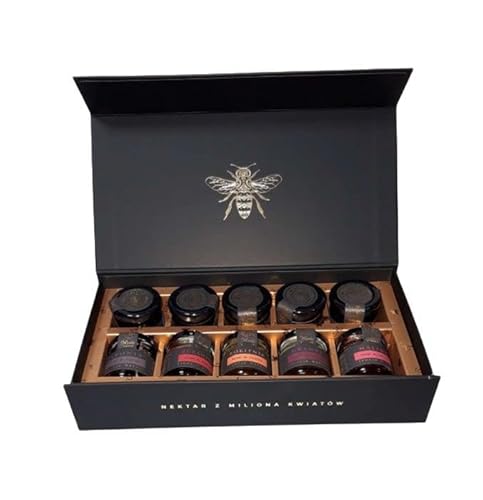 NATURAL FOOD Vielblütige Nektarblume - 5x Honig + 5x Saft - Premium Geschenkset - Vegetarisch - Ohne Konservierungsstoffe - Ohne Gentechnik - Elegante Schwarze Box Gläser mit Bändern - 10x40 g von Natural Food