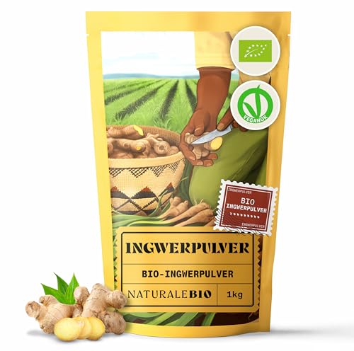 NaturaleBio Bio Ingwerpulver | 100% reine, gemahlene Ingwerwurzel | Ohne Gentechnik, ohne Zusätze, nachhaltig aus Peru | Ideal für Kochen, Tees, Smoothies & Wellnessbehandlungen | 1kg von NaturaleBio