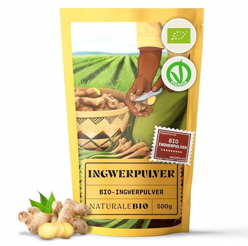 NaturaleBio Bio Ingwerpulver | 100% reine, gemahlene Ingwerwurzel | Ohne Gentechnik, ohne Zusätze, nachhaltig aus Peru | Ideal für Kochen, Tees, Smoothies & Wellnessbehandlungen | 500g von NaturaleBio