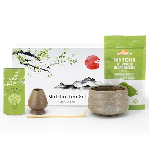 NaturaleBio Matcha Tee Set. Matcha Pulver aus Uji, Kyoto. Geschenkset mit Matcha Pulver, Schale, Matcha Besen und Bambuslöffel. Japanisches Tee Set für die traditionelle japanische Teezeremonie von NaturaleBio