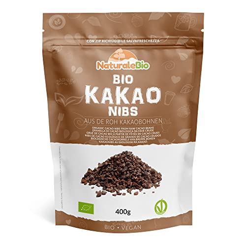 Roh Kakao Nibs Bio 400g. Organic Raw Cacao Nibs. Rohkost, natürlich und rein. Produziert aus der Theobroma Cocoa Pflanze. Quelle für Magnesium, Kalium und Eisen. von NaturaleBio