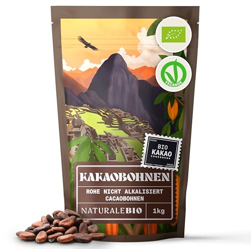 Rohe Kakaobohnen. 1Kg Bio-Kakaobohnen. Natürliche und reine Rohkost. Kakao produziert aus der Theobroma-Kakaopflanze. NaturaleBio von NaturaleBio