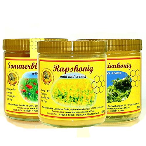 Honig Probierpaket Nr. 1: Rapshonig (500g), Sommerblütenhonig (500g), Akazienhonig (500g) Probier Paket Set von Naturprodukte-MV