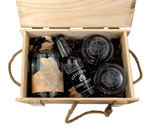 Navis Gin Nordsee - Gin Geschenk-Set mit Gin Gläsern in hochwertiger Holzkiste - Flasche mit maritimer Seekarte - Regionale Zutaten von der Nordsee - 0,5l - 43% - Klassisch herb - All-In-One-Set von Navis