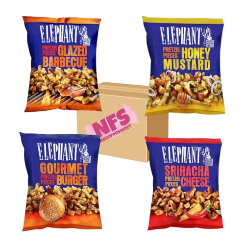 Elephant Pretzel Pieces Probier-Set – 4x 125g | BBQ, Burger, Sriracha, Honey Mustard | Knusprige Bretzelstücke für Familien, Gamer & Naschkatzen von Needforsweet