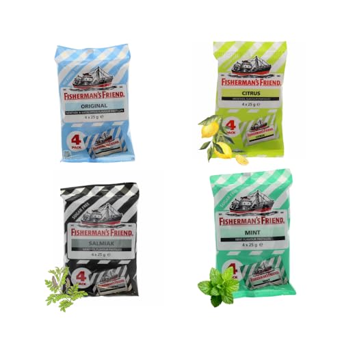 Fisherman's Friend Zuckerfrei Variety Pack - Salmiak, Original, Citrus, Mint, je 4x25g Sind Sie zu Stark - bist du zu schwach von Needforsweet