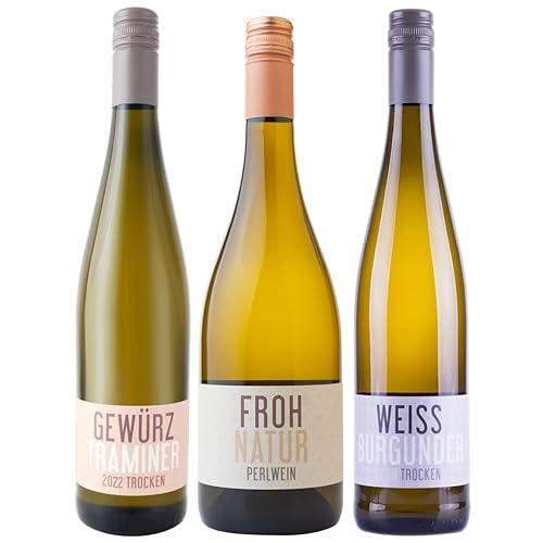 Nehrbaß - 3er Wein Set trocken “Sommerabend” 3 x 0,75 Liter aus: 1 x Frohnatur 2022 Perlwein, 1 x Gewürztraminer 2022 Weißwein, 1 x Weißburgunder 2021 Weißwein - Aus Deutschland (Rheinhessen) von Nehrbaß