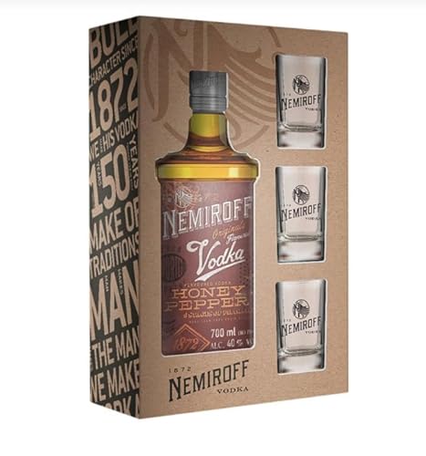 Aromatisierter Vodka "Nemiroff Honig-Peperoni" mit Farbstoff, Souvenirbox mit 3 Gläsern, 40% vol. 0,7 L, Geschenkset ukrainischer Wodka von Nemiroff