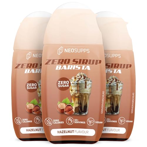 Neosupps Zero Sirup Barista Hazelnut Geschmack, natürlicher Getränkesirup mit Zero Kalorien, Getränkekonzentrat, Fertiggetränk Vegan, Zuckerfreier Sirup, Ideal für Kaffeespezialitäten, 3x 65ml von Neosupps