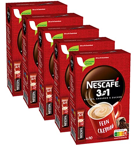 NESCAFÉ 3-in-1 Getränkepulver-Sticks, löslicher Bohnenkaffee mit Creamer & Zucker, Instant-Kaffee aus erlesenen Kaffeebohnen, koffeinhaltig, 5er Pack (5 x 10 Getränkepulver-Sticks à 16,5g) von Nescafé