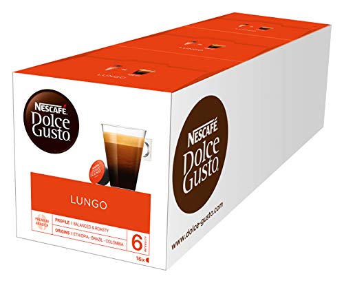 NESCAFÉ Dolce Gusto Lungo Kaffeekapseln (100 Prozent Arabica Bohnen, Feine Crema und kräftiges Aroma, Schnelle Zubereitung, Aromaversiegelte Kapseln) 3er Pack (3 x 16 Kapseln) von NESCAFÉ