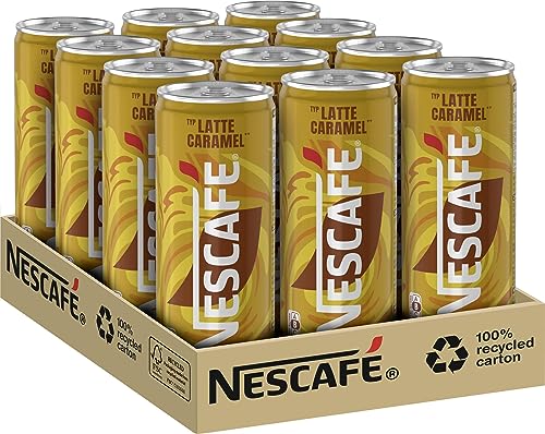 NESCAFÉ Ready-to-drink Typ Latte Caramel, trinkfertiger Eiskaffee mit feiner Karamellnote in der Dose für unterwegs, koffeinhaltig, 12er Pack (12 x 250ml) von NESCAFÉ