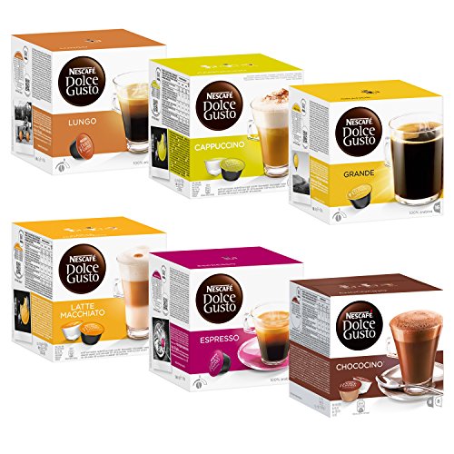 Nescafé Dolce Gusto Kapseln Basic-Set: Lungo, Cappucino, Latte Macchiato, Espresso, Chococino, Crema Grande, 6 x 16 Kapseln, 986,4g von NESCAFÉ DOLCE GUSTO