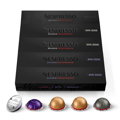 NESPRESSO VERTUO, Auswahl an Decaffeinato Kaffees, Signature Kaffee (230ml), Gran Lungo (150ml) und Espresso (40ml), Kompatibel mit VERTUO Kapselmaschinen, Decaffeinato Kapsel Set aus 50 Kaffeekapseln von Nespresso