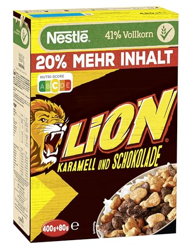 NESTLÉ LION Cereals (+20%), Schoko Cerealien mit Karamell und 41% Vollkorn, Frühstücksflocken mit Vitaminen & Mineralstoffen, 1er Pack (1x480g) von Nestlé Lion