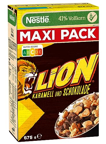 Nestlé Lion Cereals, Schoko Müsli mit Karamell, 38% vitales Vollkorn, Mit Vitaminen und Mineralstoffen, Crunchy Knusper Flakes, Maxi Vorratspackung, 1er Pack (1x675g) von Nestlé