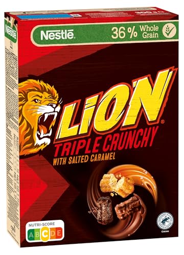 Nestlé Lion Triple Crunchy, knusprige Frühstücks-Cerealien in Churros-Form mit Milchschokolade & Salted Caramel, 36 % Vollkornanteil, 1er Pack (1x300g) von Nestlé Lion