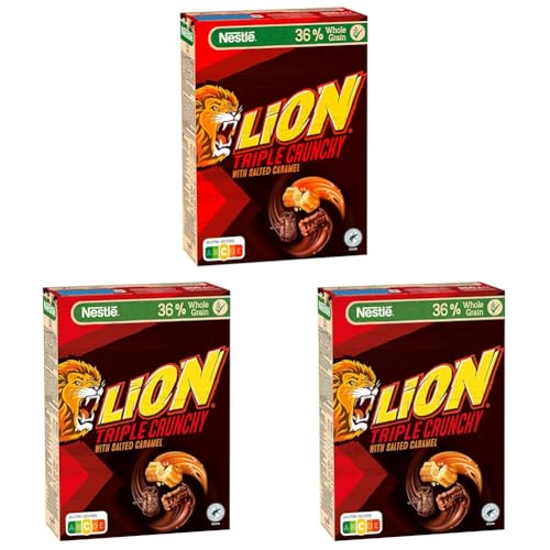 Nestlé Lion Triple Crunchy, knusprige Frühstücks-Cerealien in Churros-Form mit Milchschokolade & Salted Caramel, 36% Vollkornanteil, 3er Pack (1x300g) von Nestlé Lion