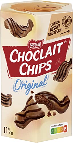 NESTLÉ CHOCLAIT CHIPS Original, leckere Knusperchips umhüllt mit leckerer Milchschokolade und verfeinert mit Dekorstreifen aus dunkler Schokolade, 1er Pack (1x115g) von Nestlé