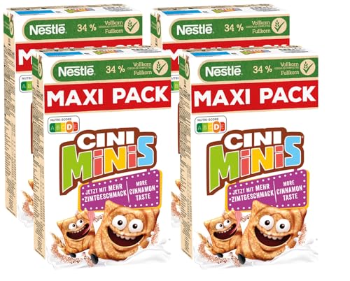 Nestlé Cini Minis, Zimt Cerealien, 32% vitales Vollkorn, Mit Vitaminen, Calcium und Eisen, Crunchy Knusper Flakes, Maxi Vorratspackung, 4er Pack (4x625g) von Nestlé